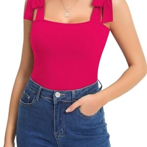 MANGOPOP Women's Square Neck Sleeveless Tank Tops Tie Shoulder Bodysuit